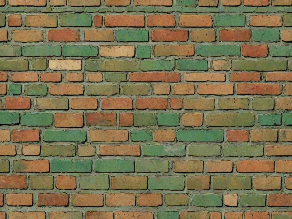 generate a textured wall background with a grungy appearance, featuring a mix of faded brick patterns, uneven surfaces, and earthy tones of beige and green