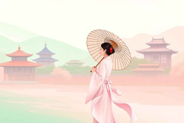 Create an illustration of a woman in a flowing pastel outfit holding a traditional umbrella, standing in a serene landscape with soft green and pink gradients, featuring elegant traditional buildings and trees in the background, Nikon D850, 50mm lens, f/1.8 aperture, soft focus effect, high-resolution.