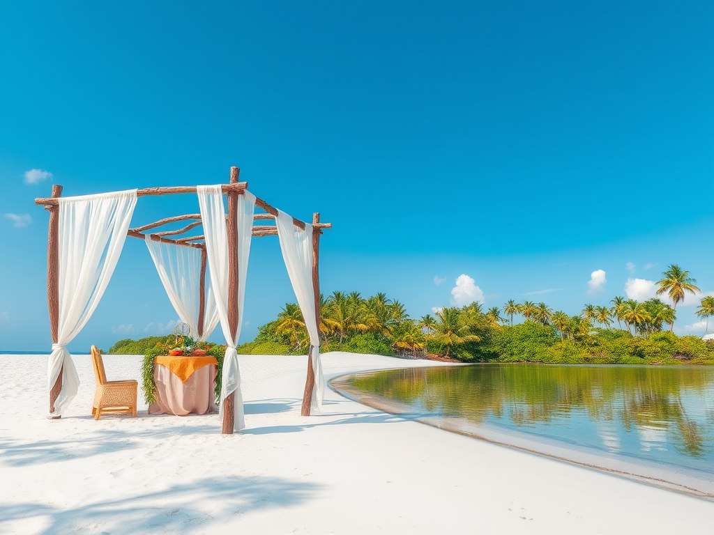 Create a picturesque tropical beach scene featuring a serene, white sandy shore. In the foreground, there's a rustic wooden canopy with white drapes gently flowing in the breeze. Underneath the canopy, a table is set with tropical decor, evoking a sense of relaxation and leisure. The beach extends into a calm, shallow water area with reflections of the sky and surroundings. Palm trees and lush greenery line the edge of the beach, providing a natural, tropical backdrop. The sky is clear with a few scattered clouds, and the overall atmosphere is tranquil and inviting, perfect for a peaceful retreat.