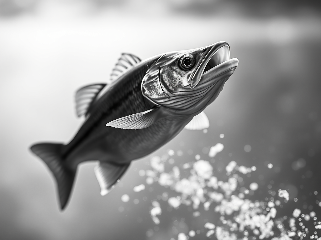 regenerate a high-quality image of a leaping fish in black and white with a focus on fine details, using a DSLR camera, focal length 50mm, aperture f/2.8, ISO 100, natural lighting, side view, capturing dynamic motion and texture.