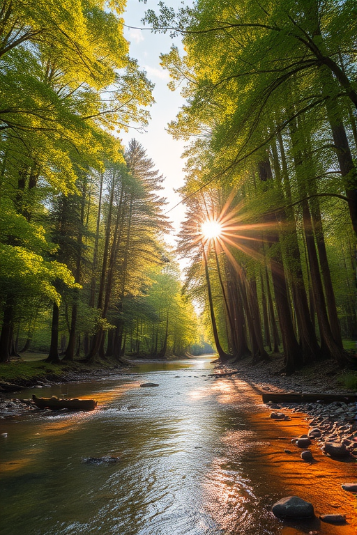 Create an image of a serene, sunlit forest scene with a clear, gently flowing river. Tall trees with lush green foliage line both sides of the river, their leaves bathed in the warm golden light of the setting or rising sun. The sunlight filters through the trees, casting soft, dappled light on the river, which flows over smooth rocks and pebbles, creating a peaceful, natural atmosphere. The sky is bright with a few scattered clouds, and the overall mood is tranquil, evoking a deep sense of connection with nature. The image captures the beauty of a calm, pristine forest landscape at either dawn or dusk.