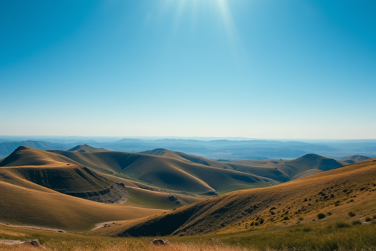 Generate a high-resolution image of a serene landscape featuring rolling hills under a clear blue sky, shot with a Canon EOS R5, 24mm lens, f/8 aperture, 1/200s shutter speed, ISO 100, taken from a wide-angle perspective with vibrant colors and fine detail.