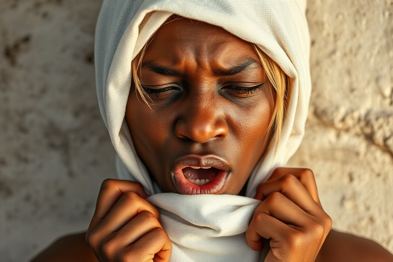 Create a close-up photographic image of a Zulu woman with light skin tones shown against an old, worn wall. Their head is wrapped in a white cloth covering (i.e.... parts of the head except the nose and mouth, which are open as if they are screaming...), with a slight texture and visible folds in the fabric. Thin strands of blonde hair escape from the wrapping above, falling lightly at the top and sides. Their hands hold the fabric as if they are tugging nervously. The lighting is dramatic and even, casting strong shadows. The image has a minimalist and surreal style with an emphasis on simplicity with soft color tones. The composition is centered.