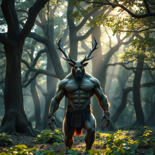 Create a detailed fantasy scene of a muscular, human-like creature with antlers standing in an enchanted forest surrounded by ancient trees, soft sunlight filtering through the leaves, shot with a Canon EOS R5, EF 24-70mm f/2.8L lens, f/4 aperture, ISO 200, 1/125 sec shutter speed, with a slightly wide-angle view to capture the majestic atmosphere.