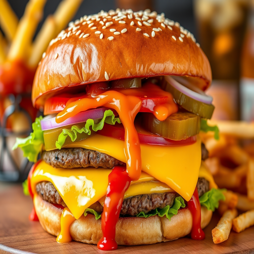 High-resolution, close-up image of a gourmet double cheeseburger. The burger features a glossy, sesame-seed-topped brioche bun. Inside, there are two thick, juicy beef patties, each topped with melted cheddar cheese. The burger is garnished with fresh lettuce, tomato slices, diced onions, and pickles. A generous amount of ketchup and a creamy, orange-colored sauce is dripping down the sides, adding to the mouth-watering appeal. In the background, there are blurred elements including a side of golden French fries and a hint of a beverage, enhancing the overall presentation of a delicious meal.