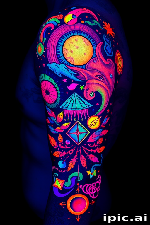 Psychedelic UV blacklight tattoo entitled "Neon Dreamscape" featuring a vibrant abstract composition of swirling patterns geometric shapes and surreal imagery rendered in specialized UV-reactive inks that appear as subtle pastel hues in normal lighting but transform into a kaleidoscope of fluorescent colors under blacklight creating a mesmerizing visual spectacle that seems to come alive in the dark