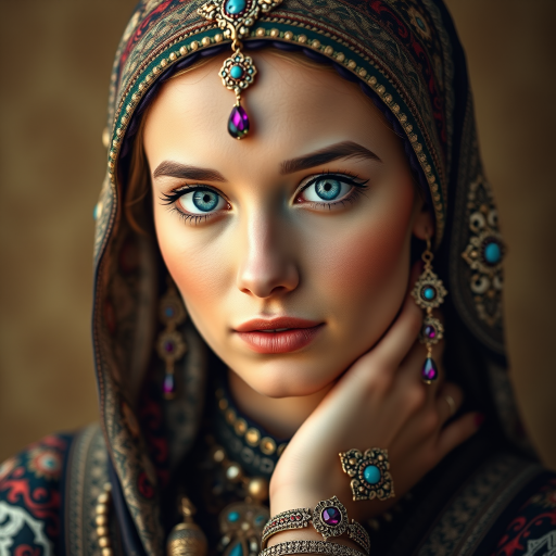 Create a portrait of a beautiful Circassian woman with striking cyan eyes and a gentle expression. She is adorned in traditional attire with intricate patterns, including a richly embroidered headscarf and matching garments. Her jewelry includes a delicate headpiece, dangling earrings, and ornate bracelets, all featuring vibrant gemstones and detailed metalwork. The background is soft and warm, enhancing the rich colors of her outfit and jewelry.