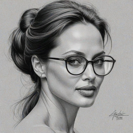 Radiant Angelina Jolie, pencil sketch, portrait of Magnificent woman 1954s in glasses, hair style beatnik, outline, clear lines, fine lines, 8k