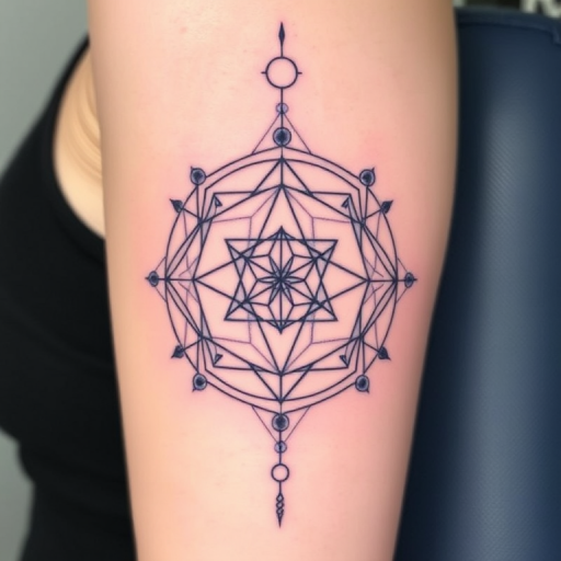 Mystical "Sacred Geometry" tattoo combines precise linework with subtle gradients to create a harmonious and balanced design. Interlocking circles, triangles, and hexagons form complex patterns, while soft lavender and mint hues add a touch of otherworldliness. This spiritual and mathematical-inspired piece is perfect for those seeking a tattoo with deeper meaning and visual appeal.