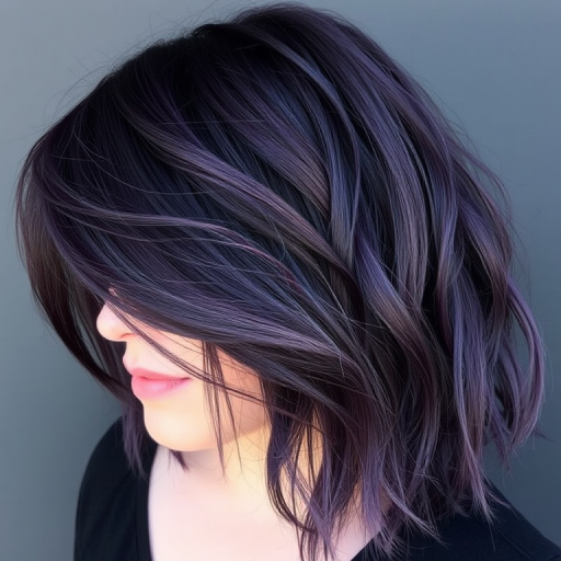 Mysterious deep purple hair with smoky gray undertones, styled by Violet Shadow, showcasing a textured lob cut with choppy layers and subtle silver metallic accents