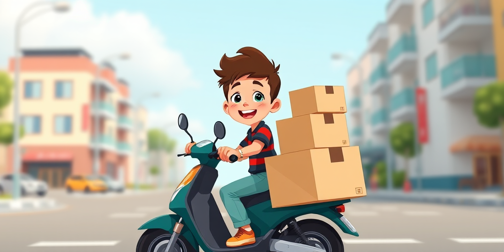Create a cartoon-style image of a cheerful young boy on a scooter loaded with boxes, using a Canon EOS R5 with a 24-70mm f/2.8 lens, at f/4, ISO 100, 1/250s, in a vibrant color palette, from a slightly elevated angle to capture movement and depth.