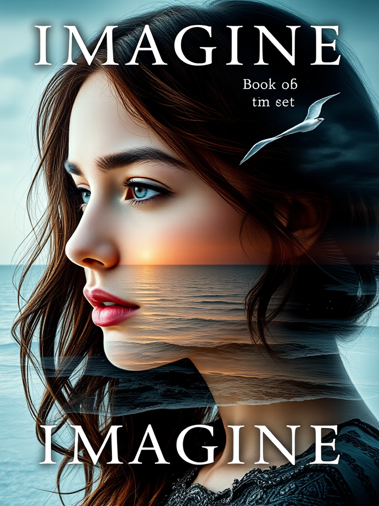 imagine Book cover, A surreal double exposure portrait that blends a woman's face with a beautiful seascape. The overall mood is dreamy and mystical, with rich colors and intricate details