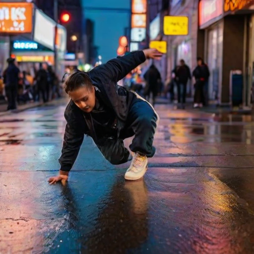 Blurry, high-energy shot of a breakdancer mid-spin on a city sidewalk, with soft reflections of neon signs and car headlights bouncing off wet pavement in the background.