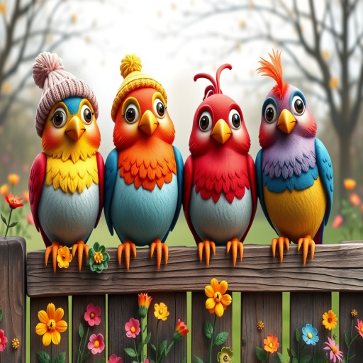 create a scene of 4 quirky  whimsical colourful comical birds each with a funny expression. they are sat on a wooden fence with colourful flowers. they are all different sizes. each one is a different colour  one is wearing a woolly hat. Each one has a different quirky google expression and there is a muted background of trees watercolour paintierly style high definition 8k resolution 3D paper mache
