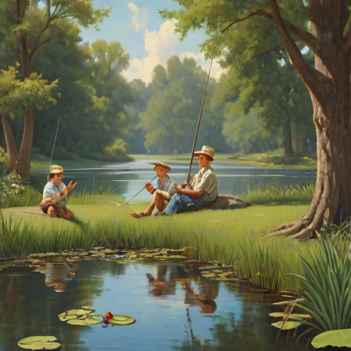 Imagine a small group of old fashioned young boys out fishing by the creek, a swing hanging from a tree branch, reeds and grasses by the water's edge, a frog sitting on a lily pad, dragonflies hovering over som water plans, a very iconic old fashioned scene reminiscent of a Norman Rockwell painting style