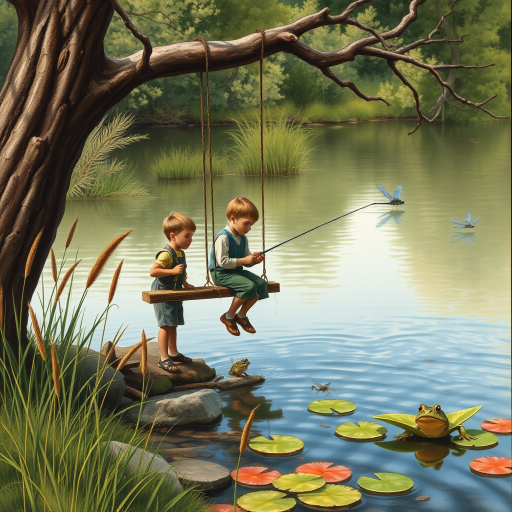 Imagine a small group of old fashioned young boys out fishing by the creek, a swing hanging from a tree branch, reeds and grasses by the water's edge, a frog sitting on a lily pad, dragonflies hovering over som water plans, a very iconic old fashioned scene reminiscent of a Norman Rockwell painting style