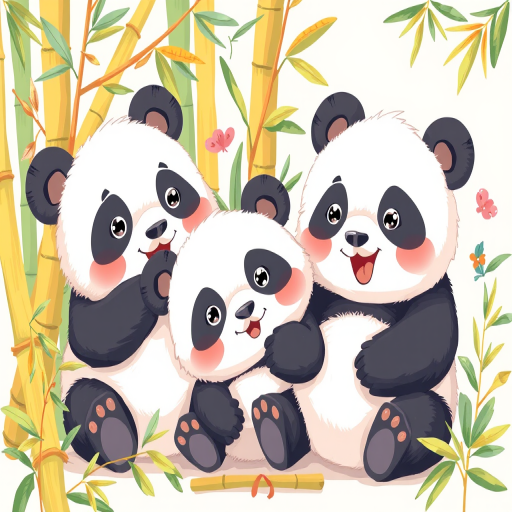 high-resolution illustration of playful pandas, vibrant bamboo elements, animated style, flat lay view, 50mm lens, f/2.8 aperture, ISO 100, natural light, digital art