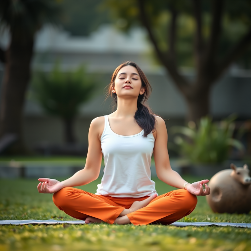 Create an image of a serene outdoor meditation scene with a focus on a woman in a white top and orange pants sitting cross-legged, closed eyes, in a peaceful ambiance, captured with a Canon EOS R, 50mm lens, f/1.8 aperture, ISO 100, soft natural lighting, shallow depth of field, and a slight bokeh effect.