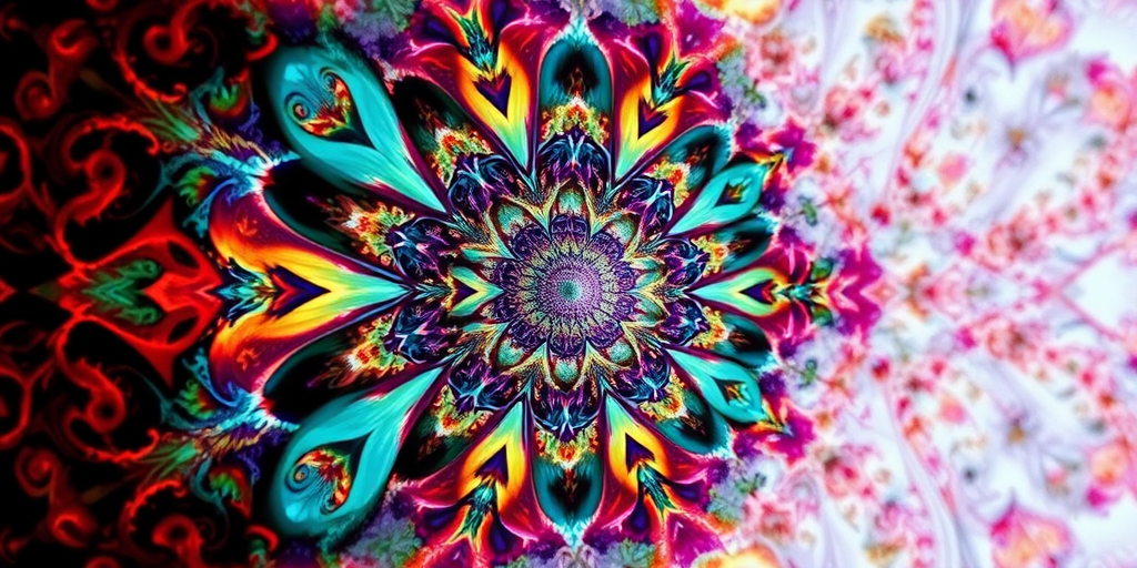 Create a high-resolution abstract fractal image with intricate patterns and vibrant colors, captured with a Canon EOS 5D Mark IV, using an f/8 aperture, ISO 200, 50mm lens, in a macro style with a symmetrical view.