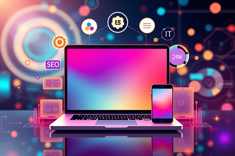 Create a vibrant digital illustration of a laptop and smartphone surrounded by icons representing blog, SEO, social media, IT, and website, with a tech-inspired abstract background featuring glowing circles and lines, using a high-resolution camera setting of 24MP, a macro lens for detailed focus, captured from a front view in a bright and colorful style.