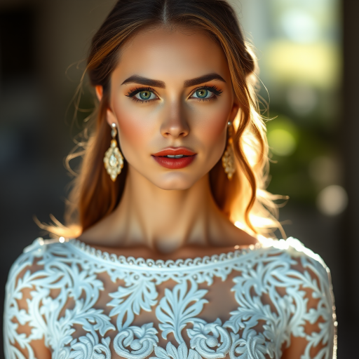portrait of a woman in a stunning white dress with intricate details, soft natural lighting highlighting her features, shallow depth of field, 50mm lens, f/1.8 aperture, ISO 100, taken with a DSLR camera, focus on facial expression and elegance