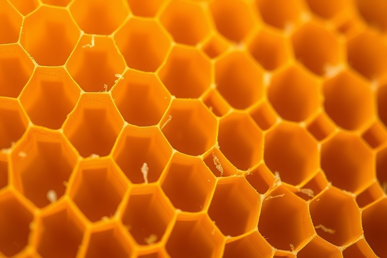 high-resolution close-up of a honeycomb pattern with vibrant golden yellow and orange hues, f/2.8 aperture, ISO 100, 50mm lens, soft natural lighting, macro photography