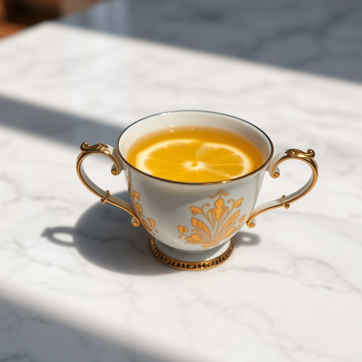 A close-up shot of a beautifully designed white and gold teacup filled with yellow tea, garnished with lemon slices, placed on a polished marble surface with natural sunlight casting soft shadows, using a DSLR camera with a 50mm lens, aperture f/1.8, ISO 100, and a shallow depth of field for enhanced focus on the cup and lemon.