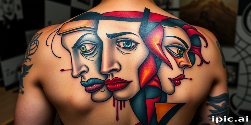 Avant-garde tattoo combining elements of cubism and surrealism on the back, featuring distorted faces and abstract shapes in bold, contrasting colors