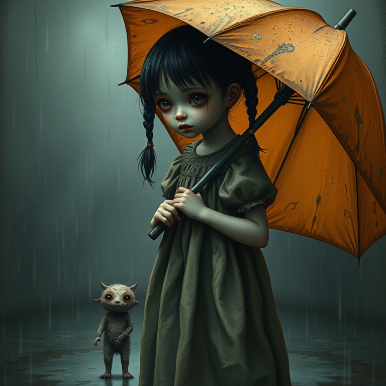 An eerie, weird little girl with dark hair in thin pigtails, wearing a smock dress, standing in the rain, holding a dirty orange umbrella, a small, odd creature beside her. In a surreal style inspired by Nicoletta Ceccoli and Brian Froud. Dark fantasy themes