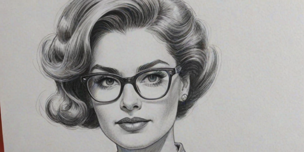 Pleasing Retta, pencil sketch, portrait of Resplendent woman 1957s in glasses, hair style beatnik, outline, clear lines, fine lines, 8k