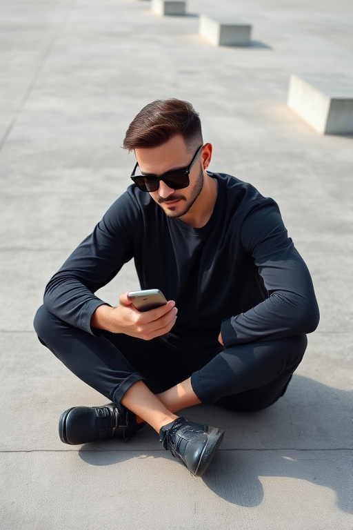 Capture a well-lit portrait of a man sitting cross-legged on a concrete surface, absorbed in his phone, wearing sunglasses and casual black attire, using a DSLR camera with a 50mm lens, aperture set to f/1.8, ISO 100, and natural light for enhanced clarity and depth.