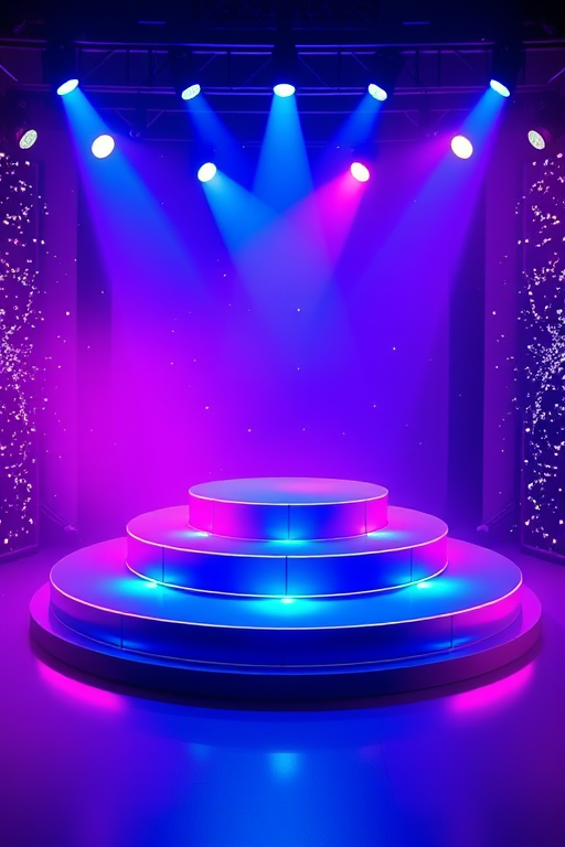 create a vibrant 3D stage scene with layered circular platforms illuminated by blue and pink lights, surrounded by sparkling particles, use a DSLR camera with a 50mm lens, aperture f/1.8, ISO 100, shutter speed 1/60s, in a studio setting, high dynamic range processing to enhance colors and detail