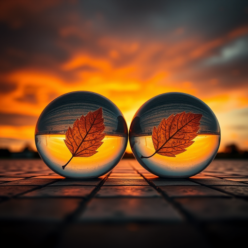 Generate an image of two glass spheres with textured leaves inside on a checkered floor under a dramatic orange sky, using a DSLR camera with a 50mm lens, f/2.8 aperture, ISO 100, and a low angle perspective for enhanced depth and detail.