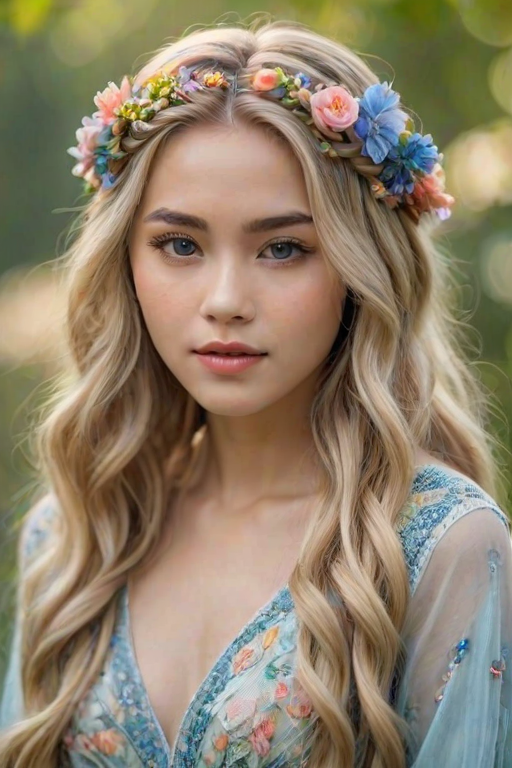 Create an image of a young Thai woman with long, wavy blonde hair, adorned with small, colorful flowers woven into her braids and loose strands. Her complexion is fair, with soft, glowing skin, and she has light blue eyes that gaze softly at the viewer. She wears a light, flowing dress with a gentle, ethereal quality, complementing her delicate and serene appearance. The background is slightly blurred, drawing focus to her tranquil expression and the intricate details of the flowers in her hair. The overall mood of the image is one of natural beauty and grace, evoking a sense of peacefulness and connection with nature.