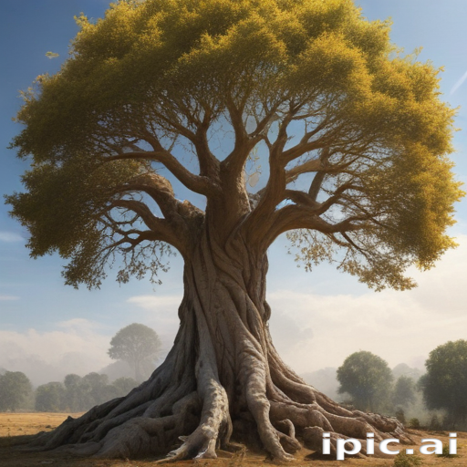 Majestic Tree with Golden Leaves Standing Tall in a Misty Landscape.