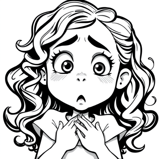 The image is a black and white illustration of a young girl with curly hair. She has a surprised expression on her face with her mouth open and her hands clasped together in front of her chest. Her eyes are wide and her eyebrows are furrowed. Her hair is styled in loose curls that are cascading down her back. The overall mood of the image is one of shock or surprise.