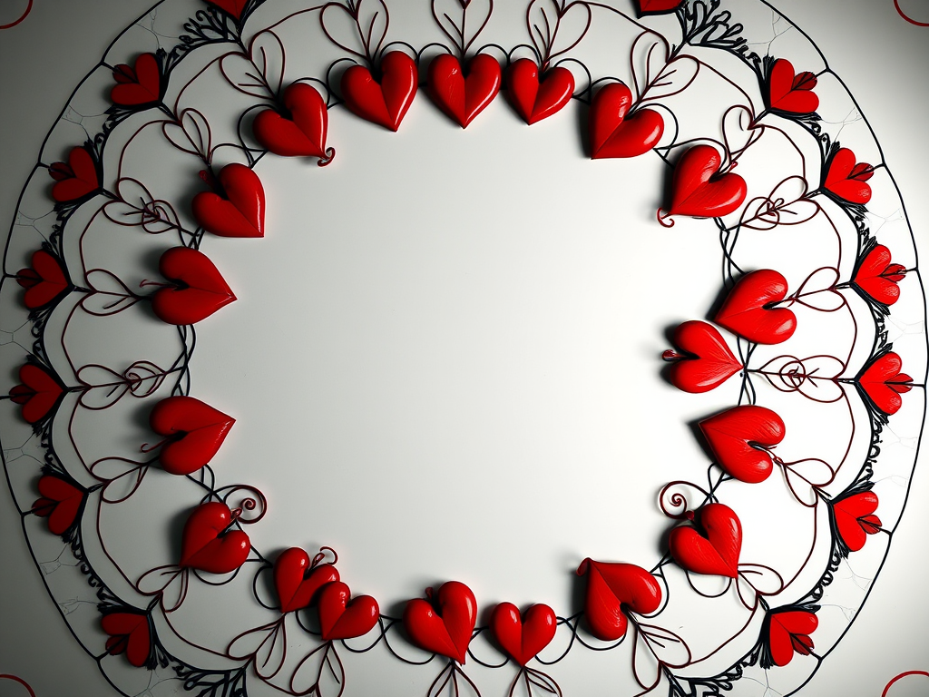 Create a high-resolution circular pattern of entwined red hearts with intricate black lines forming a decorative border, shot with a Canon EOS R5 at f/2.8, 1/60s shutter speed, ISO 100, top-down view with soft diffused lighting for even illumination.