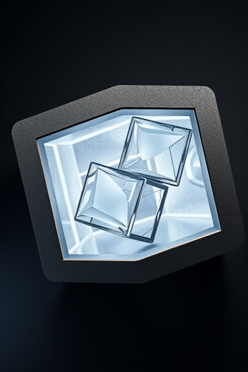 Create a 3D rendering of a cube with hollowed square openings, featuring a textured metallic surface and transparent glass-like geometric shapes inside, captured with a DSLR camera at f/2.8, ISO 100, 24mm lens, soft lighting, top-down angle for a dramatic effect.