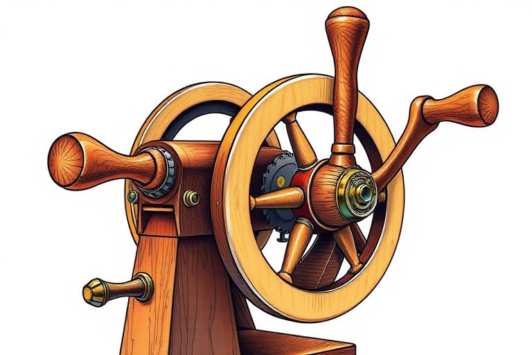 Regenerate a detailed and colorful illustration of a spinning wheel machine with two distinctive wooden handles, showcasing intricate design elements and textures, using a DSLR camera with a 50mm lens, f/2.8 aperture, ISO 100, and a soft-focus background to enhance depth and clarity.