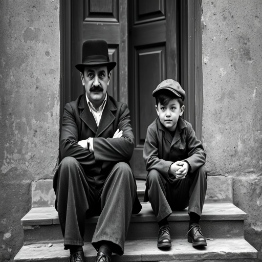 A black-and-white photograph of a man and a child sitting on steps in front of a doorway. The man is dressed as a tramp with a bowler hat, mustache, and ragged clothes, reminiscent of Charlie Chaplin's iconic look. He is sitting with his arms crossed and an expression of slight sadness or frustration. Next to him is a young boy, also in worn clothes and a cap, sitting with his hands clasped, looking thoughtful. The background is an old, textured wall and a partially open door, creating a vintage, early 20th-century atmosphere.