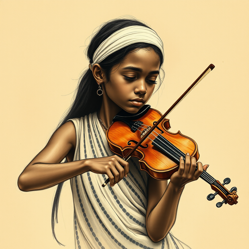 a young Nubian woman with a white headband playing a violin, in the style of a charcoal drawing, sepia grunge background