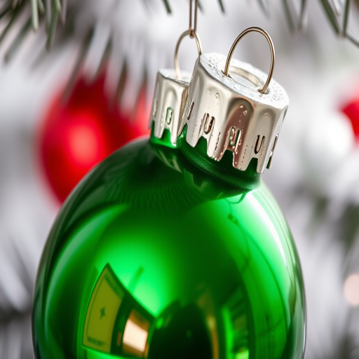 Create a highly detailed image of a glossy green Christmas ornament with a silver cap, captured in macro view using a DSLR camera at f/2.8 aperture, 50mm lens, ISO 100, with soft natural lighting to enhance reflections and textures.