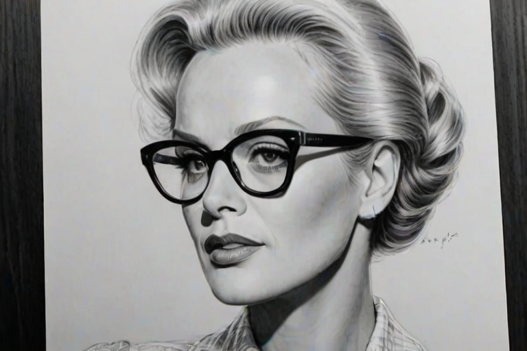 Pleasing Tippi Hedren, pencil sketch, portrait of Magnificent woman 1930s in glasses, hair style beatnik, outline, clear lines, fine lines, 8k