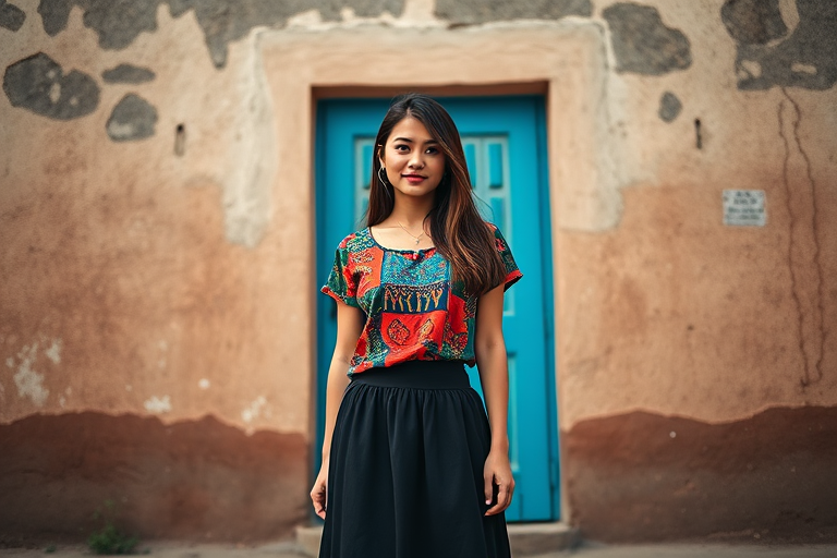 Regenerate a vibrant image of a young woman in a colorful top and dark skirt standing against a rustic building with a bright blue door, using a DSLR camera with a 50mm lens, aperture f/1.8, ISO 200, natural lighting, portrait orientation, and a shallow depth of field for enhanced background blur.