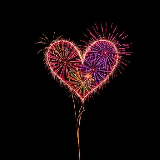 heart-shaped fireworks display in vibrant colors against a black sky, shot with a DSLR camera at f/8 aperture, ISO 100, 1/2 second exposure, 50mm lens, night view, high dynamic range photography