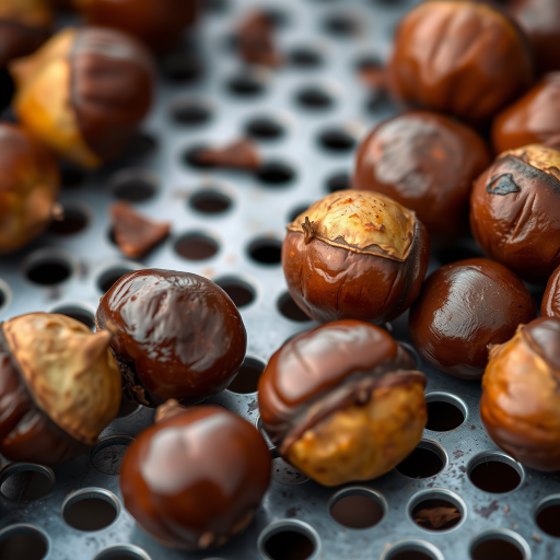 Close-up shot of roasted chestnuts on a perforated metal surface, natural lighting, f/8 aperture, ISO 100, 35mm focal length, DSLR camera, macro style.