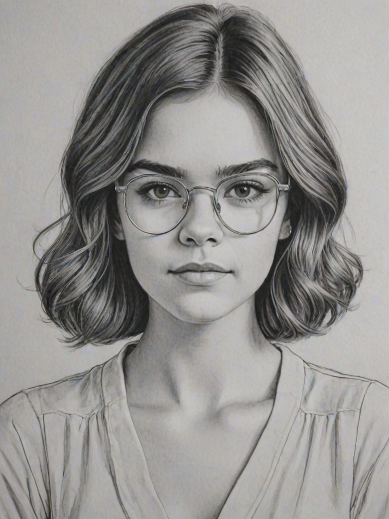 Bewitching Maia Mitchell, pencil sketch, portrait of Comely woman 1979s in glasses, hair style beatnik, outline, clear lines, fine lines, 8k