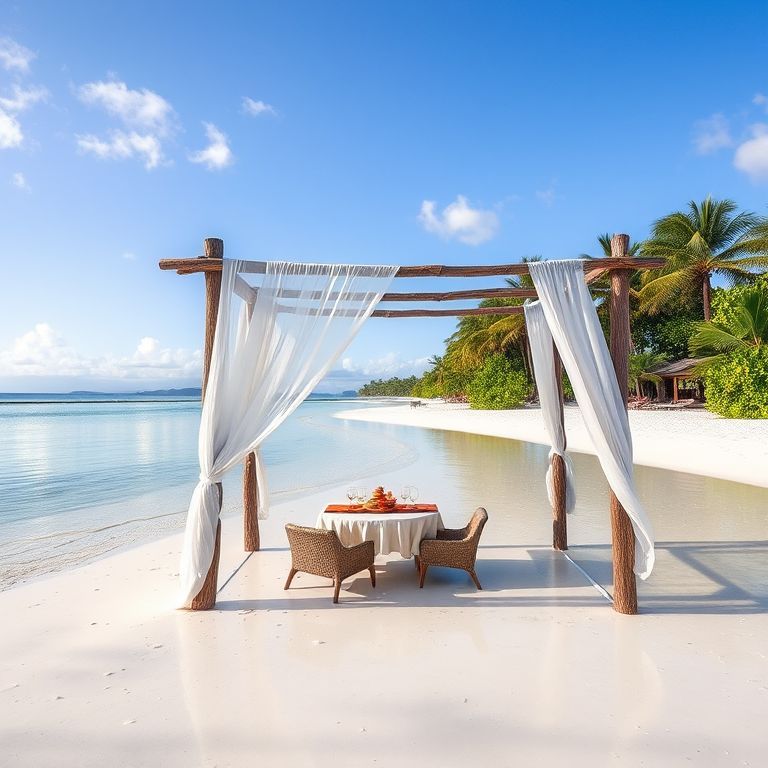Create a picturesque tropical beach scene featuring a serene, white sandy shore. In the foreground, there's a rustic wooden canopy with white drapes gently flowing in the breeze. Underneath the canopy, a table is set with tropical decor, evoking a sense of relaxation and leisure. The beach extends into a calm, shallow water area with reflections of the sky and surroundings. Palm trees and lush greenery line the edge of the beach, providing a natural, tropical backdrop. The sky is clear with a few scattered clouds, and the overall atmosphere is tranquil and inviting, perfect for a peaceful retreat.