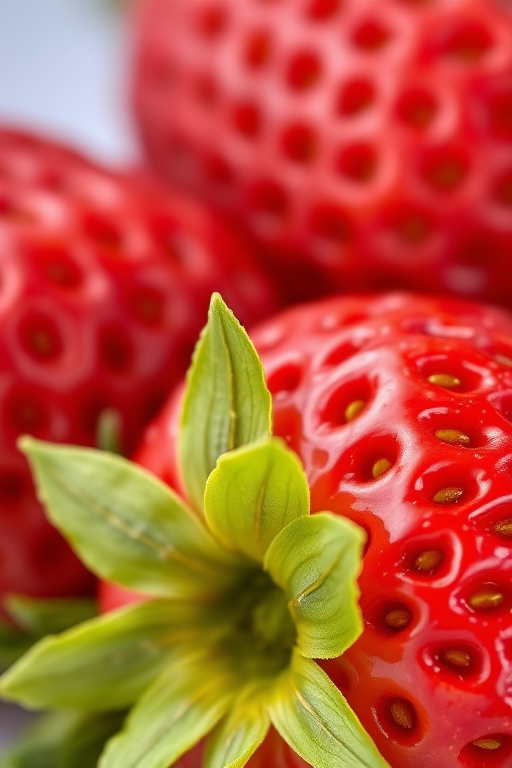 Create a realistic image of three ripe strawberries, with vibrant red colors and detailed green leaves, captured in macro view using a DSLR camera with an aperture of f/2.8, ISO 100, and a shutter speed of 1/200s, focusing on the texture and freshness of the fruit.
