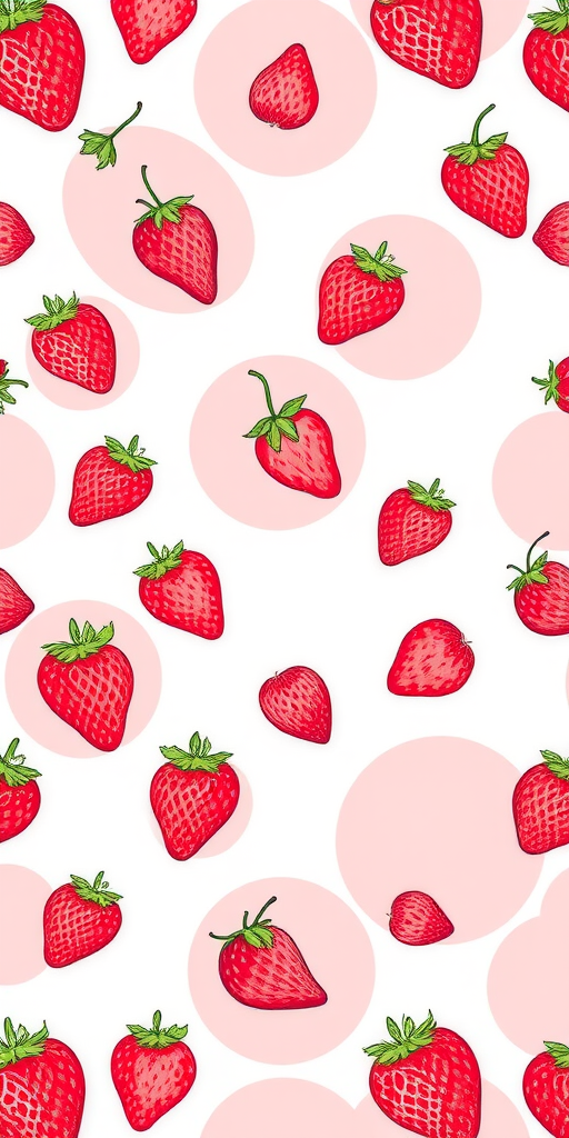 Create a seamless pattern featuring hand-drawn strawberries scattered over pastel pink circles, captured with a Canon EOS R5 at f/8, ISO 100, 50mm lens in a high-resolution digital style.